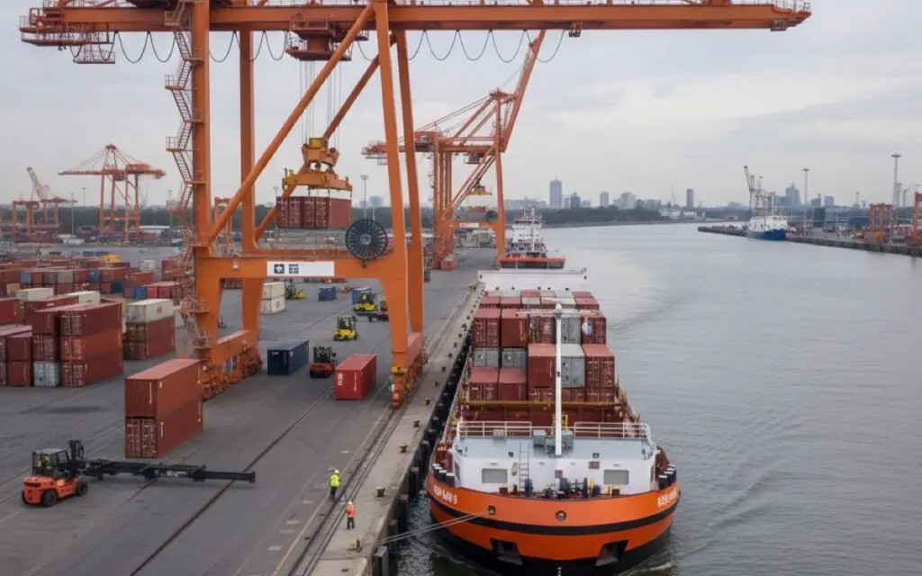 Containeroverslag in de haven met binnenvaartschip en kranen
